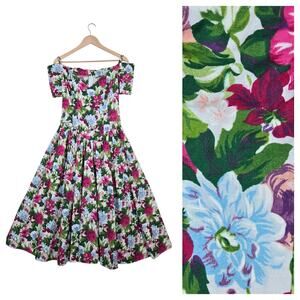Vintage 90s Expo Floral Garden Party Midi Dress 8 Cottagecore Tea Party USA